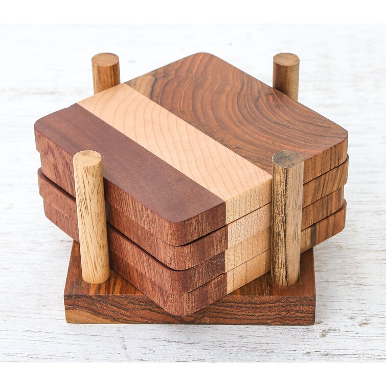 Union Rustic Wood Square 4 Piece Coaster Set With Holder Wayfair